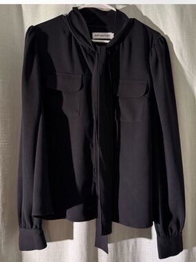 Self-Portrait Black Tie-Neck Long-Sleeve Blouse with Flap Pockets